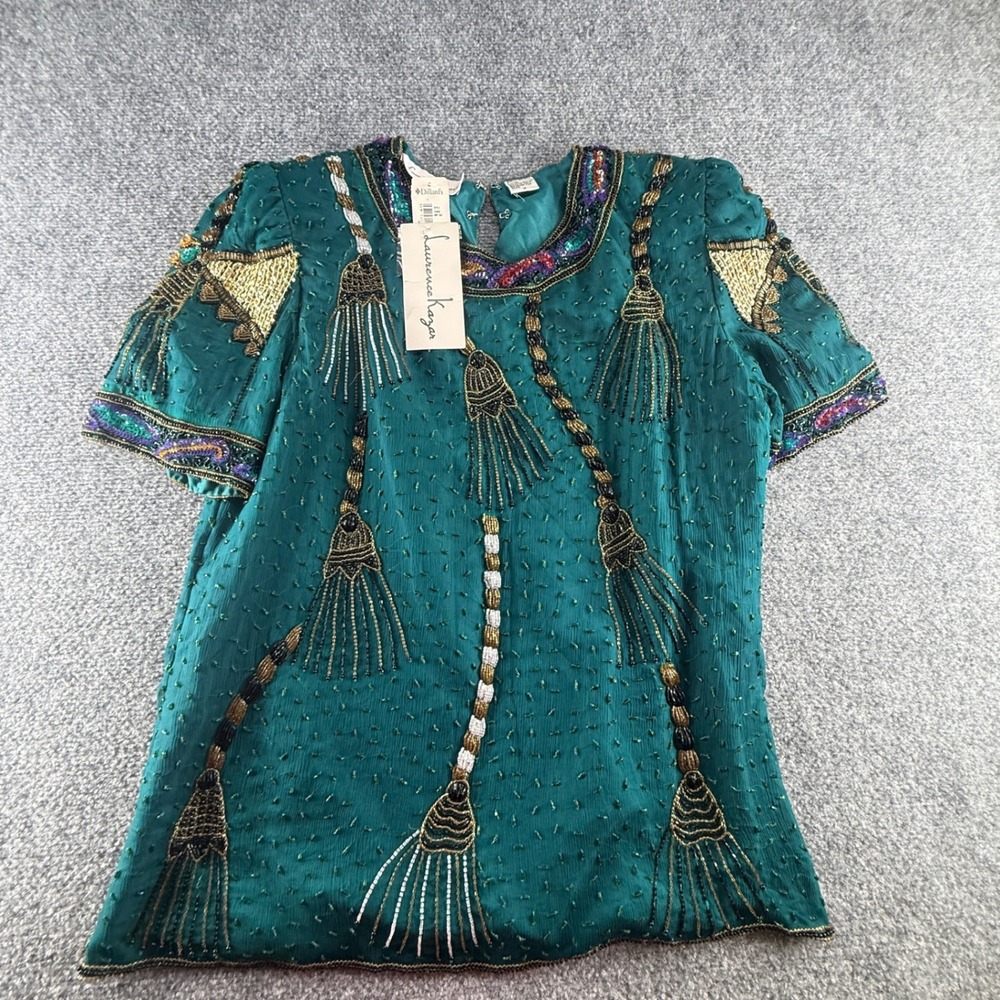 Laurence Kazar Vintage Silk Beaded Tassel Blouse Teal Gold Size M 0658